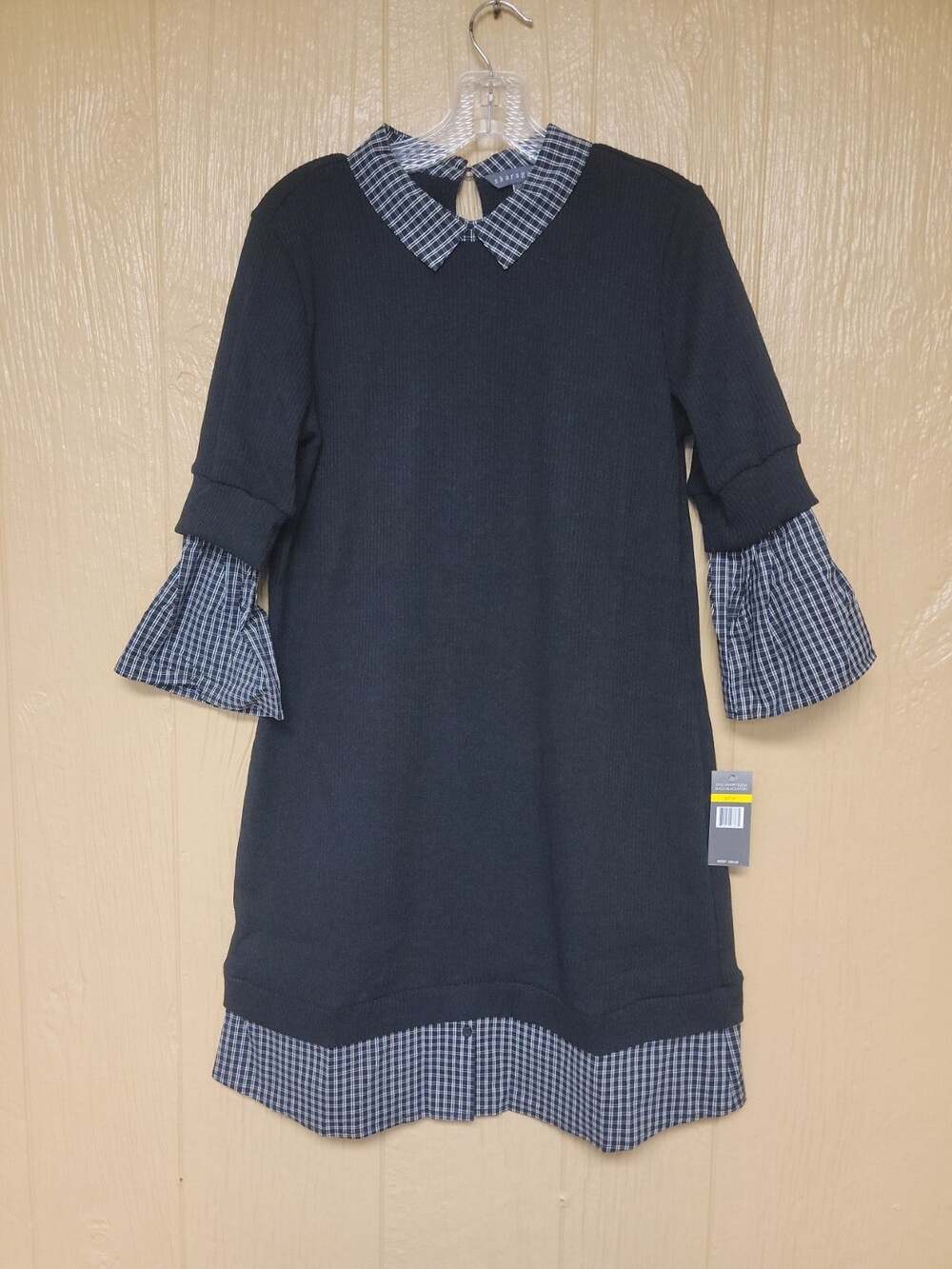 Sharagano 2fer Sweater Dress Collared Black with Plaid sz Medium Layered